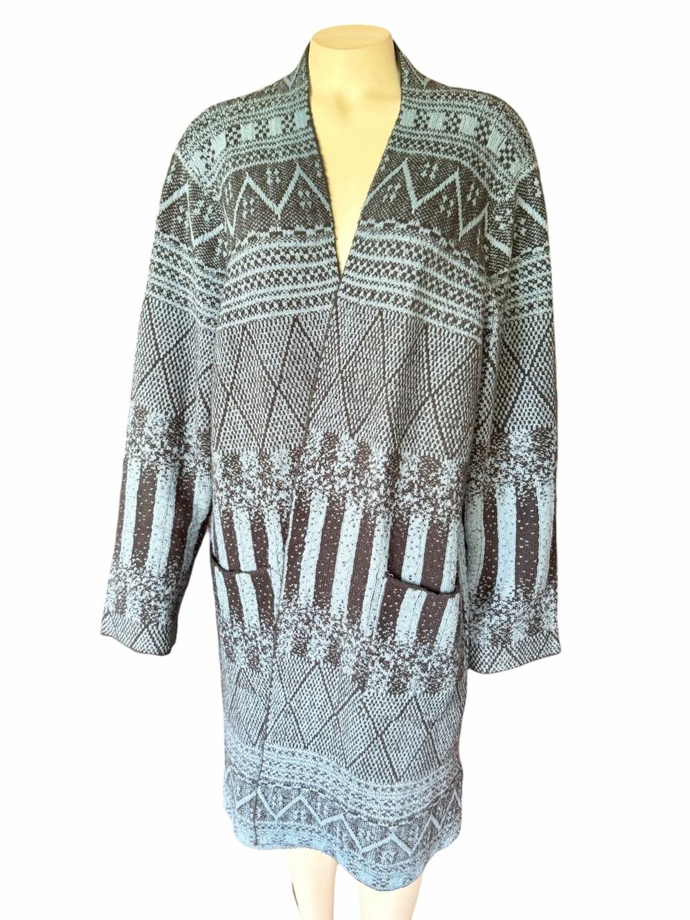 Maxsport Womens Cardigan Sweater Size L Blue Brown Geometric Fair Isle Long Open